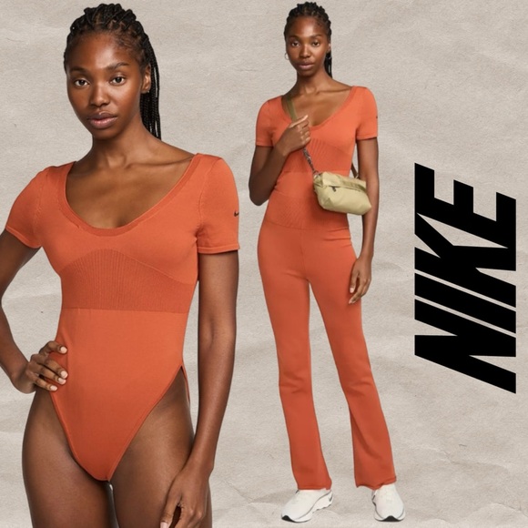Nike Tops - Nike Women's Sportswear Chill Knit Bodysuit Rustic Orange Medium Short Sleeve